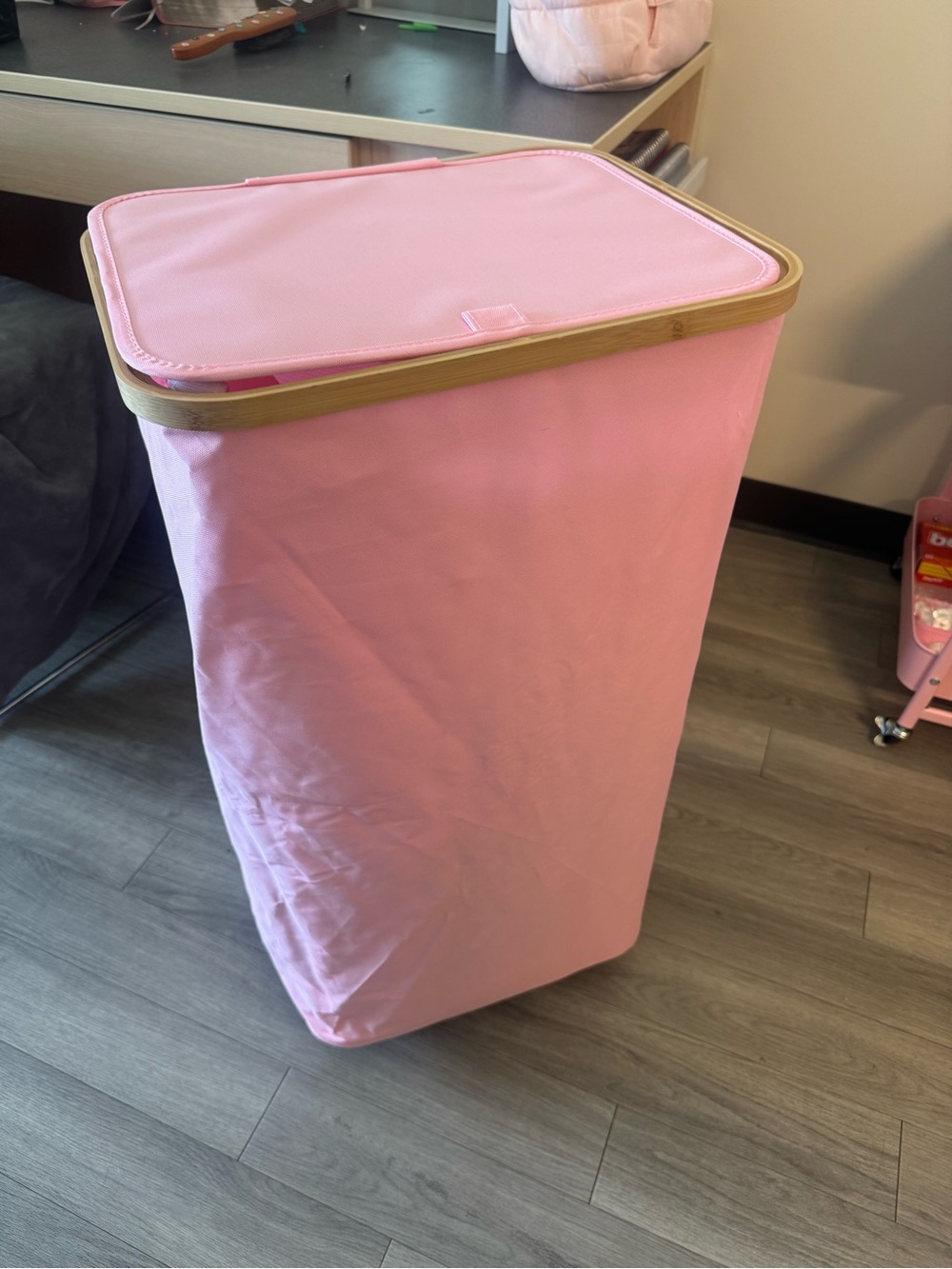 Amazon Pink Fabric Laundry Hamper with Wood Trim